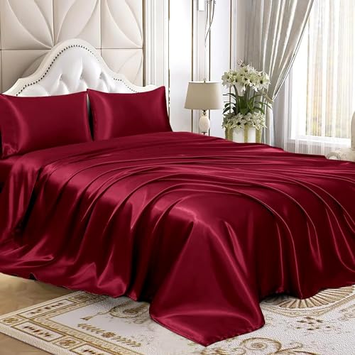 Homiest Burgundy Satin King Flat Sheet - Luxury & Ultra Soft Bedding for King Mattress, Single Sheet Sold Separately Homiest