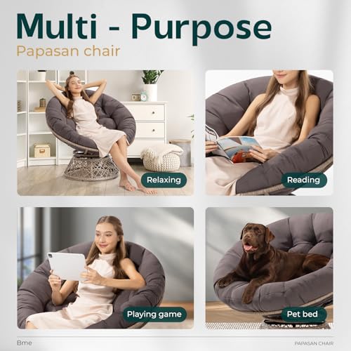 Bme 40" Ergonomic Wicker Papasan Chair with Soft Thick Density Fabric Cushion, High Capacity Steel Frame, 360 Degree Swivel for Living, Bedroom, Reading Room, Lounge Bme