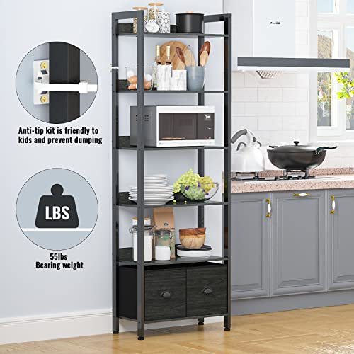 Furologee 6-Tier Industrial Bookshelf with 2 Drawers - Black Oak Tall Bookcase for Home Office and Bedroom Furologee
