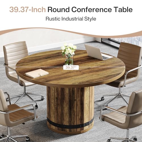 Tribesigns 39.37-Inch Round Conference Table, Farmhouse Meeting Room Table for 4, Seminar Boardroom Desk with Fence Pedestal Base for Office Conference Room (Rustic Brown, Chairs Not Included) Tribesigns