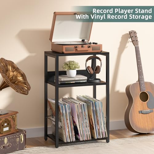 LELELINKY Record Player Stand, 3-Tier End Side Table with Vinyl Record Storage, Vinyl Record Holder Up to 120 Albums, Turntable Stand with Vinyls Storage for Music Living Room LELELINKY