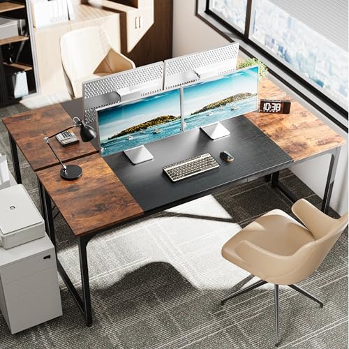 Huuger Computer Desk, 70 Inch Office Desk, Gaming Desk with Storage, Writing Desk Work Desk for Home Office, Study, Long Simple Desk, Large Legroom, Metal Frame, Rustic Brown and Black Huuger