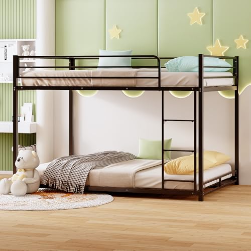 Bonnlo Full Over Full Metal Bunk Bed, Twin Size Frame with Ladder & Safety Guardrail, Low Profile Space-Saving Design, Ideal for Kids & Juniors, Mattress Not Included (Black) Bonnlo