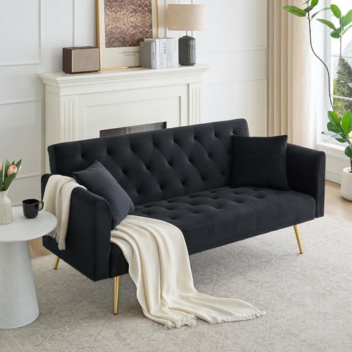 Anwick 72" Modern Velvet Sofa Bed Futon,Convertible Folding Sleeper Bed Couches with 3 Adjustable Backrests,Tufted Recliner Loveseat with Golden Chrome Legs for Small Living Room Office (Black) Anwick