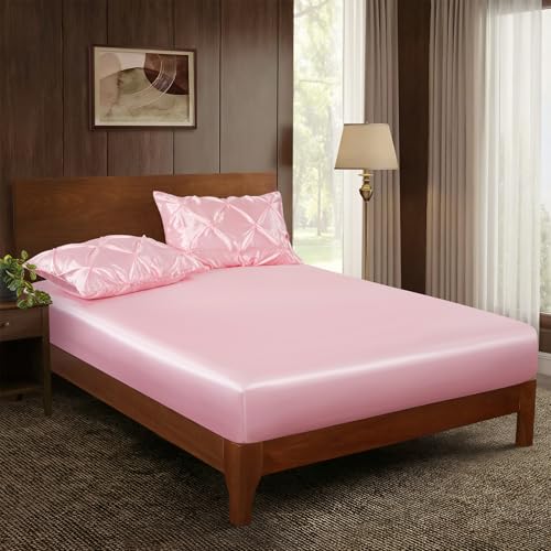 P Pothuiny 3-Piece Set Pintuck Satin Pillowcases & Twin Fitted Sheet, Blush Pink Satin Sheet Silky Soft Luxury Romantic Pinch Pleated Bedding Bedroom Dorm Decor, 15 Inch Deep Pocket P Pothuiny