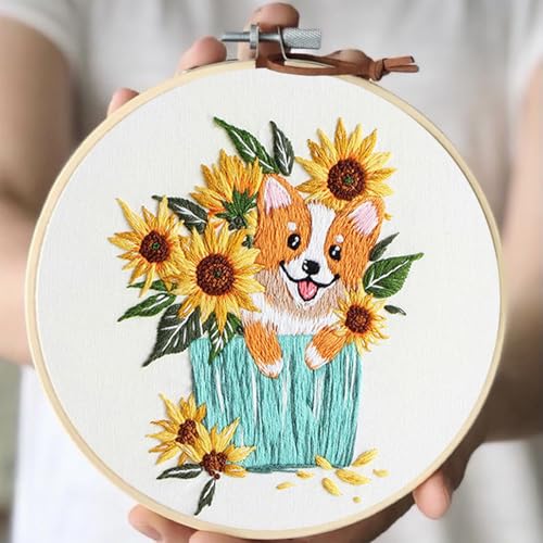 COCOMOX 3 Sets Embroidery Kit for Beginners, Dog Flower Pattern Embroidery Practice Kits for Adults, Hand Embroidery Kit, Easy to Follow Instruction and Video