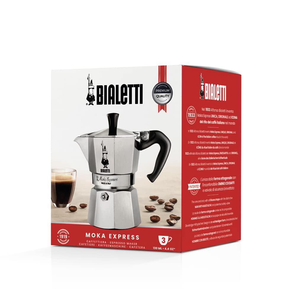 Bialetti - Moka Express: Iconic Stovetop Espresso Maker, Makes Real Italian Coffee, Moka Pot 3 Cups (4.3 Oz - 130 Ml), Aluminium, Silver Bialetti