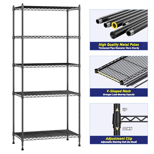 Romorgniz 5-Tier Shelf 1010LBS Storage Shelves Adjustable Wire Shelving Metal Shelving Unit Storage Rack for Kitchen Pantry Closet Laundry School Commercial 59.4" Hx21.5 W x13.6 D