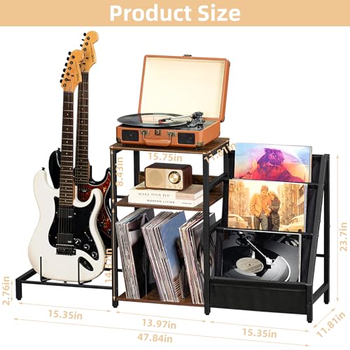 LELELINKY Record Player Stand, Adjustable Guitar Stand for Acoustic Guitar, Electric Guitar, Bass, Turntable Stand with Vinyl Display Shelf Storage Up to 150 Albums,Brown End Table for Music Room LELELINKY