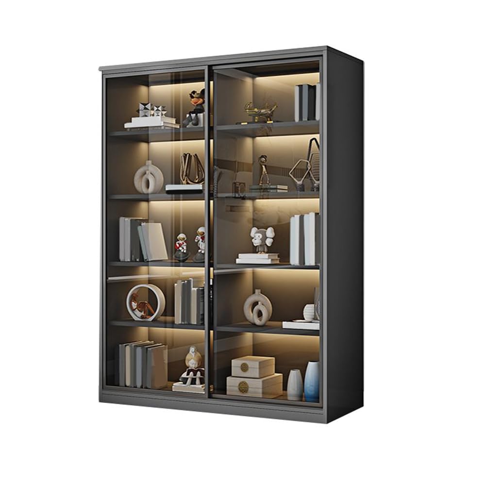 KWOKING Grey Modern Wooden Bookshelf with Sliding Glass Doors and Ample Storage Space KWOKING