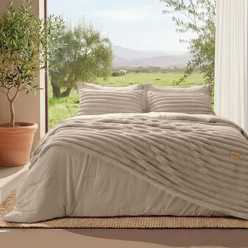 Bedsure Gentlesoft 2-in-1 Queen Comforter Set and Detachable Fluffy Blanket, Beige Bedding Set for All Season Use, SnapTech Design for Space Saving (Includes 2 Pillow Shams, 2 Pillowcases) Bedsure