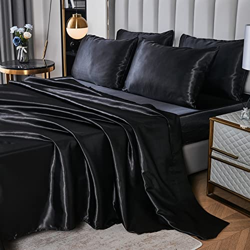 Herside Black Satin Comforter 7-Piece Queen Size Bed in a Bag Luxury Polyester Satin Bedding with Pillowcases, Sheets, Pompoms Design Super Soft Silky Set For All Seasons Herside