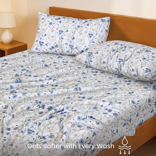 RUVANTI 100% Cotton Sheets – Twin Size Percale Bedding, Cooling & Breathable Floral Design, Durable with a Crisp, Soft & Comfortable Feel, 16" Deep Pocket, 3-Piece Set, Sweet Pea RUVANTI