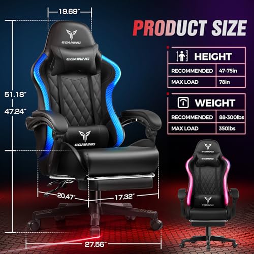 EXRACING Gaming Chair with Footrest Ergonomic High-Back PU Leather Computer Chair with RGB LED Lights Linkage Armrests Lumbar Support and Headrest 150°Reclining Diamond Quilted Office Chair for Adults EXRACING