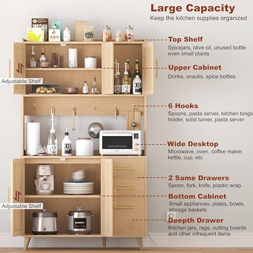 Rovaurx 70.9" Kitchen Pantry Cabinet with Microwave Shelf, Rattan Kitchen Hutch Cabinet with Charging Station, Tall Floor Cupboard Cabinet with Drawers and Doors, Natural KBG002ME Rovaurx