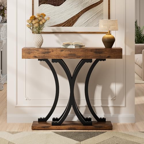JUSTOGO 43.3" Console Table for Entryway, Industrial Sofa Table Entryway Table, Narrow Wood Accent Tables X-Shaped Metal Hallway Table for Living Room, Small Spaces, Entrance, Foyer, Rustic Brown JUSTOGO