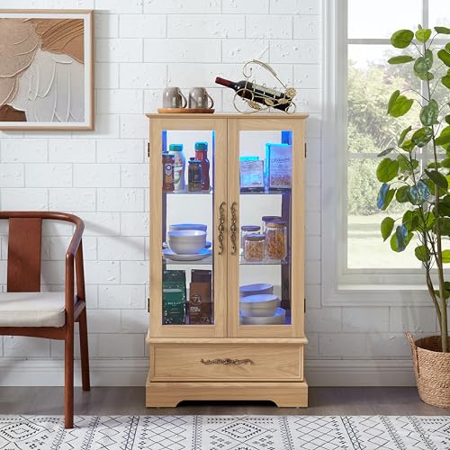 VeroFree Lighted Glass Curio Display Cabinet with Adjustable Shelves – 2 Doors, 1 Drawer, Led Lights, Elegant Light Oak Finish for & Office Decor (1 Drawers + 2 Doors + 1 Shelves) VeroFree