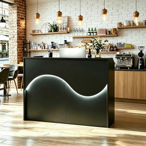 Reception Desk with Counter, Modern Front Desk Reception Room Table with LED Lights, Retail Checkout Counter with Lockable Drawers & Power Outlets for Lobby, Salon, Home Office Desk, Black