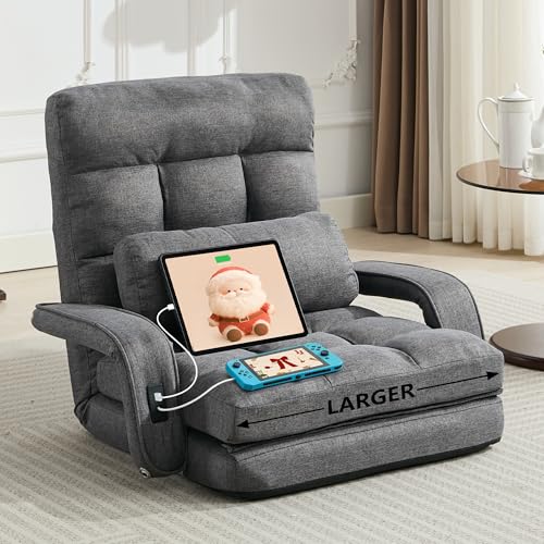 STHOUYN Comfy Floor Chair Bedroom 2 USB Charging Ports, 5-Position Couch Gaming Lounge Chairs Adults, Indoor Folding Lazy Sofa Meditation Arm Dorm Chair Living Room (Grey) STHOUYN