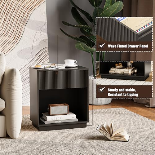 Fluted Nightstands Set of 2, Modern Bedside Table with Drawer and Storage Shelf, Wood End Table Mid Century Night Stands for Bedroom Living Room Sofa Couch Office (Black) INNOD