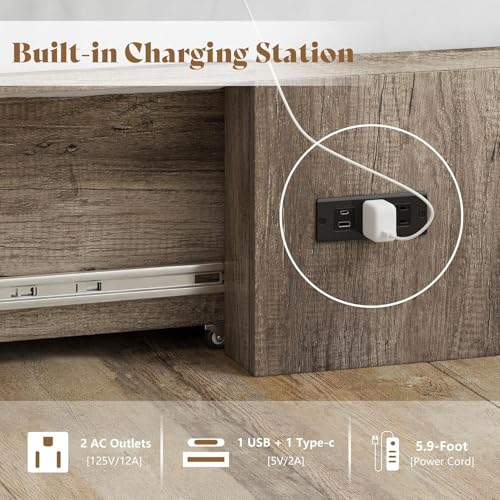 AMERLIFE Queen Size Murphy Bed, Farmhouse Wooden Cabinet with Charging Station and Storage Drawer for Bedroom/Office/Guest Room, Grey Oak AMERLIFE