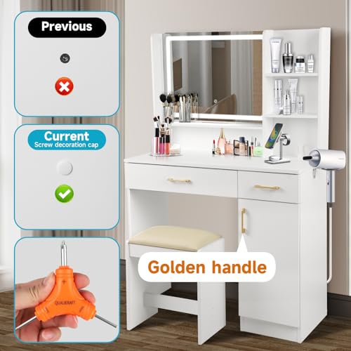 QUALIKRAFT Widescreen Vanity Set with LED Mirror & Stool, Makeup Desk with Built-in Power Outlet, 2 Drawers & 6 Shelves, Wide Lighted Dressing Table QUALIKRAFT