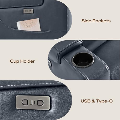 Watson & Whitely Genuine Leather Power Recliner Chair, Wall Hugger Electric Reclining Chair with Cup Holders & Charging Ports for Living Room, Navy Blue