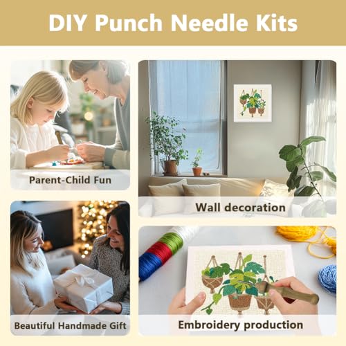 DOODLREAM Monstera Deliciosa DIY Punch Needle Embroidery Kit for Adult Beginner, 9.4" Potted Plant Leaf Punch Stitching Craft Set for Starter with Frame,Fabric Pattern,Threader, Yarn, Pinch Needle