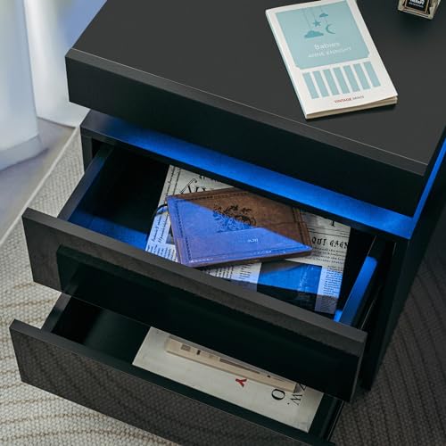 HOMMPA LED Nightstand Modern Black Nightstand with Led Lights Wood Matte Led Bedside Table Night Stand with 2 High Gloss Drawers for Bedroom 20.5" Tall HOMMPA