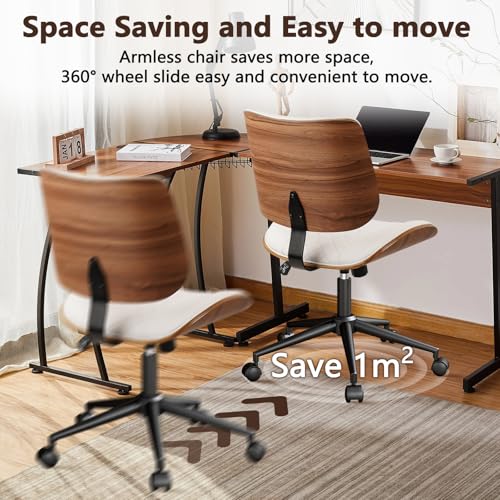 CLATINA Armless Home Office Chair, Desk Chair with Wheels, Adjustable Height Reading Chair, Leather Mid Back & Swivel Computer Chair, Modern Walnut Chairs with Back for Studio Meeting Room(White) CLATINA