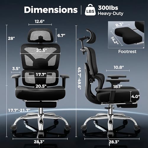 TECHREST Ergonomic Office Chair with Footrest, Big and Tall Home Desk Chair, High Back Rolling Computer Chair with 3D Arms and Lumbar Support, Comfortable Gaming Chair, Swivel Mesh Chairs, Black TECHREST