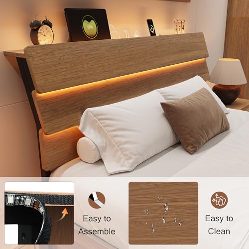 Einhomn Floating Bed Frame Full with Led Lights and Charging Station, Full Size Platform Bed Frame w/Storage Headboard, Heavy Slats Support, No Box Spring Needed, Noise Free, Easy Assembly, Walnut Einhomn