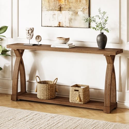 TRIBEWOOD Solid Wood Console Table for Entryway, 63-Inch Narrow Farmhouse Couch Table Behind Sofa with 2-Tier Storage for Entrance, Foyer, Living Room, Long, Dark Brown TRIBEWOOD