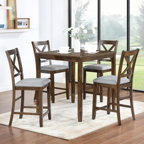 LUMISOL Farmhosue Dining Table Set for 4, 5-Piece Counter Height Kitchen Table Set with 4 Upholstered Chairs for Kitchen, Dining Room, Small Space, Walnut LUMISOL