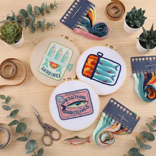 Mindsoft 3 Sets Sardine Embroidery Kit with Embroidery Hoop Easy Pattern Needlepoint Kit for Beginners and Adults Hand Crafts Needlepoint Set with Needles Thread and Instruction