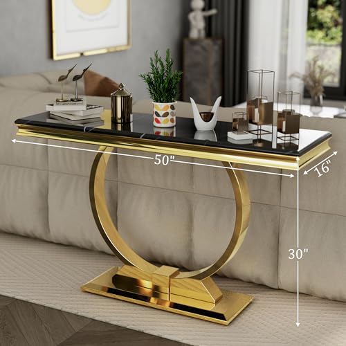 Asday Gold Console Table, 50 inch Glam Black and Gold Entryway Table with U-Shaped Base, Polished Gold Entrance Table with Black Top for Entryway, Hallway, Foyer Asday