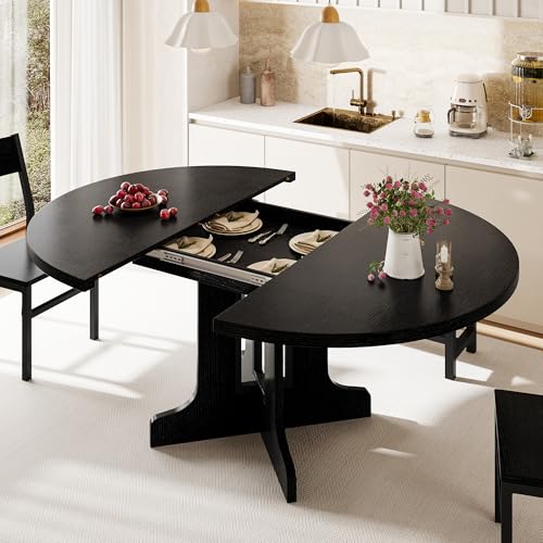 iPormis 5-Piece Round Dining Table Set for 4-6, 59" Extendable Dining Room Table Set with 2 Ergonomic Chairs & 2 Benches, Oval Modern Dinette Table with Metal Frame & MDF Board, Space-Saving, Black iPormis