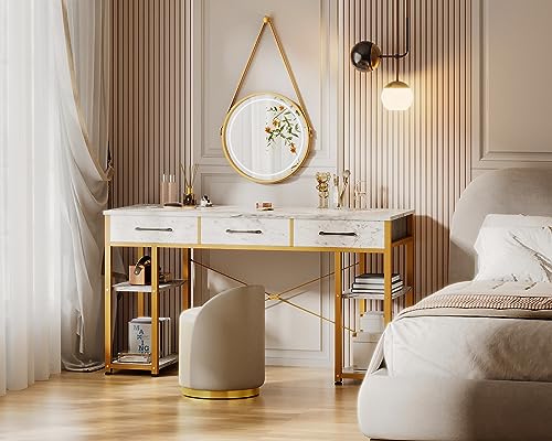 ODK Vanity Desk with Fabric Drawers & Storage Shelves, Makeup Dressing Table, Home Office Desks for Bedroom, Modern Writing Desk,White Marble and Gold Leg, 48"x16" (No Mirror) ODK