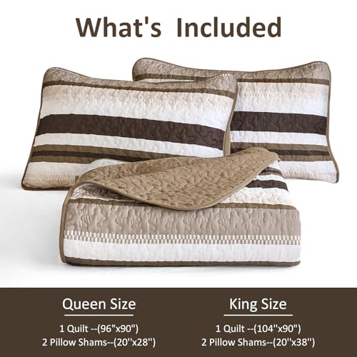 WONGS BEDDING Quilt Set Queen Size, Brown Striped Pattern Bedspread,Lightweight Summer Coverlet Bedding Set for Bed 96"x90" WONGS BEDDING