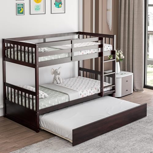 HOMGX Twin Over Twin Bunk Bed with Trundle, Wooden Removable Shelf Bunk Bed w/Ladder & Full Length Guardrail, Space-Saving Convertible Bunk Beds for Homes & Dorms (Espresso) WoodArtSupply