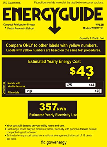 Walsh Compact Retro Refrigerator, Dual Door Mini Fridge, Energy Efficient, Adjustable Mechanical Thermostat with Freezer, Reversible Doors with leveling Front Legs, 3.1 Cu Ft, Stainless Steel Walsh