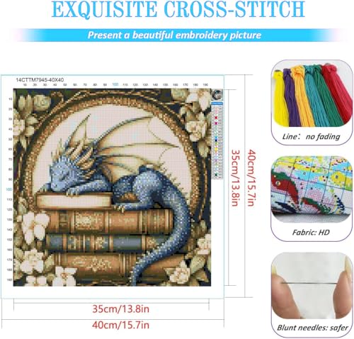 KYOQFVN Dragon Stamped Cross Stitch Kits for Adults - 11 CT Embroidery Kits for Beginners Adults, DIY Patterns Dimensions Counted Cross-Stitch Kits for Adults Arts Craft 14x14 inch
