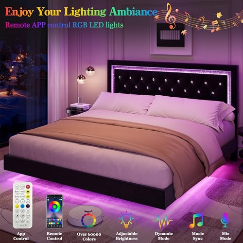 Garvee Floating Bed Frame King Size with Smart Led Lights, Upholstered Platform Bed with Diamond Headboard, Solid Wood Slats Support, No Box Spring Needed, Noise-Free, Easy Assembly, Black Garvee