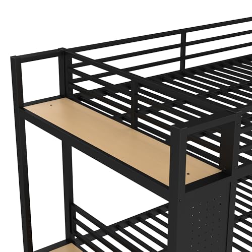 Bellemave Full Over Full Metal Bunk Bed with Storage Drawers and Shelves, Heavy Duty Bunk Beds with Pegboard and Coat Rack for Kids, Adults,Blackă Bellemave