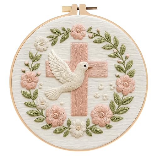JJFox Embroidery Kit for Beginners and Adults, DIY Hand Embroidery Starter Kit with Cute Pattern, Cross Stitch Needlepoint Set with Hoop, Threads and Instructions (Cross)