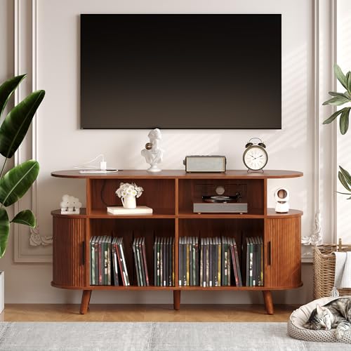 55'' Fluted Mid Century Modern Turntable Cabinet with Vinyl Storage, Large Round Record Player Stand with Charging Station and Display Shelf, Arched Wood Record Player Table for Living Room Garvee
