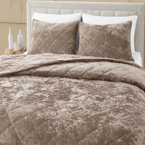 Wonderful Luxury Velvet Brown Quilt Set, King Diamond Stitch Pattern Bedding, Lightweight Ultra-Soft Skin-Friendly, All-Season, Versatile as Comforter/Bedspread for Adults Teens Kids Bedroom,106"x94" Wonderful