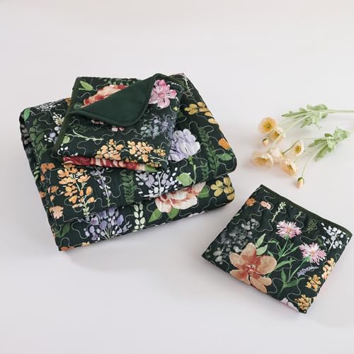 WONGS BEDDING Green Quilt Set King Size, 3 Piece Red Floral Leaves Pattern Botanical Bedding Set, Soft Lightweight Microfiber Bedspread Coverlet with 2 Pillowcases for All Season (104"x90") WONGS BEDDING