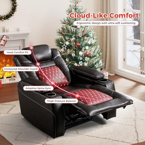 ANJ Electric Power Recliner Chair with Adjustable Powered Headrest, Faux Leather Home Theater Seating Overstuffed Reclining Furniture with USB Ports, Cup Holders, Hidden Arm Storage (Brown/Red)