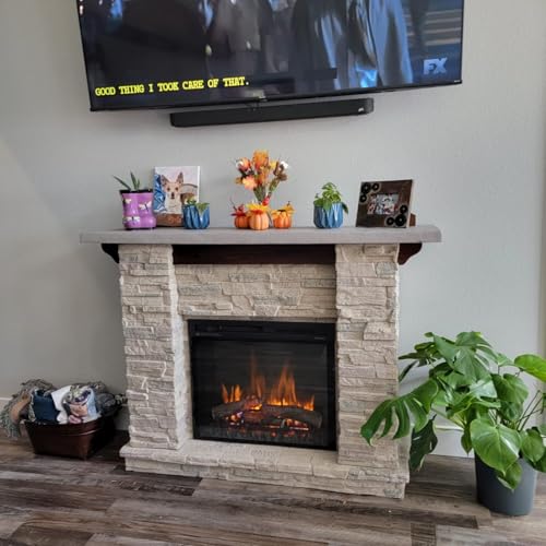 Dimplex Featherston Electric Fireplace with Mantel Surround Package | Pine with Gray Stone-Look, Includes 28" Electric Firebox Heater | 1500W | LED Flames | Remote Control | #GDS28L8-1152LR DIMPLEX